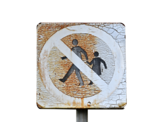 pictogram adult and children on grunge warning sign, sign do not enter or no pedestrians access isolated on transparent