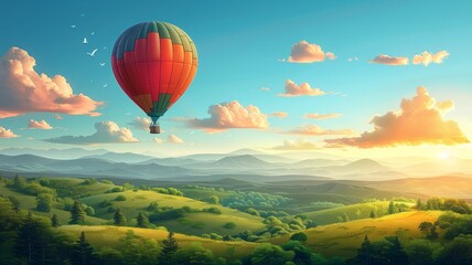 Colorful hot air balloon floating over lush green hills