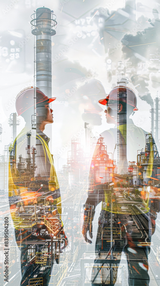 Poster Two men in safety gear stand in front of a large industrial plant