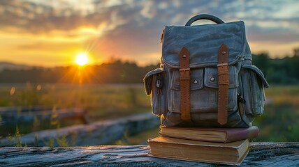 Vintage backpack with books at sunset outdoor relaxation