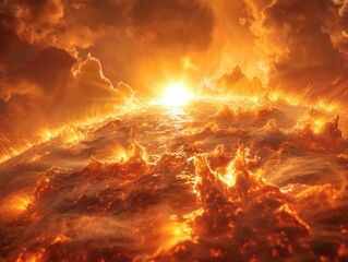 Solar Flares Double Exposure: Vibrant Ultra HD Sun's Surface Close Up with Copy Space, Bright Tones.