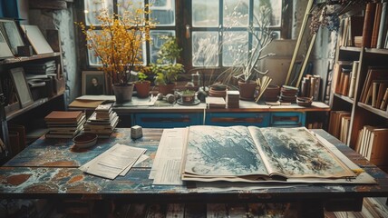 Artist's Studio With Paintings And Sketches On Wooden Desk