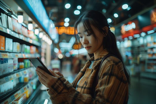 A collage of mobile payment apps, offering various incentives and rewards for users.A woman is standing in a grocery store, looking at a tablet