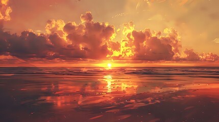a sunset over a vast beach at the horizon. The sky is filled with clouds and is in hues of orange and pink, with the sun partially visible