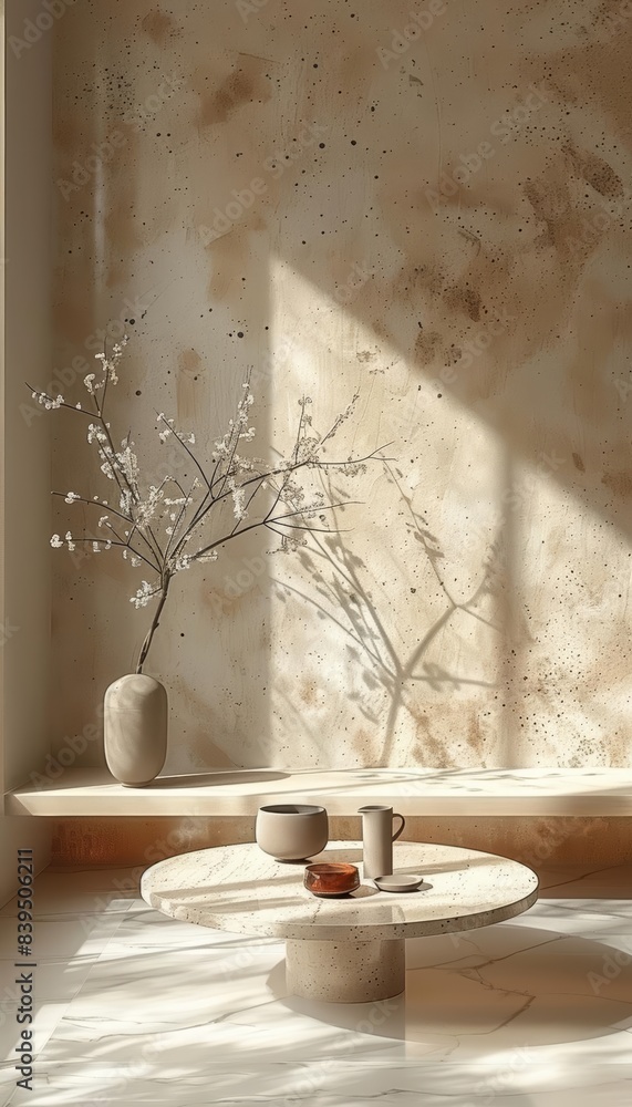 Poster minimalist interior design with natural light, featuring a simple table setting and a delicate vase 