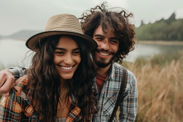 Fototapeta premium Portrait of a joyful multicultural couple in their 20s donning a classic fedora isolated on serene lakeside view