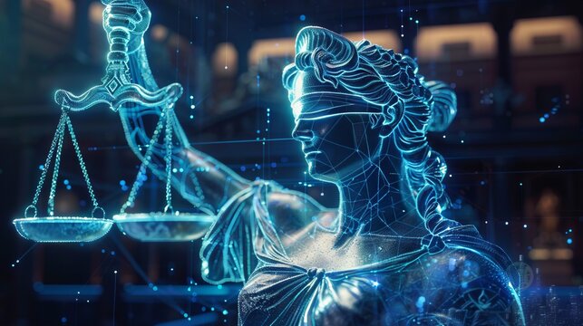 Digital justice. Modern legal concept with a digital Lady Justice statue and scales, symbolizing law, technology, and the future of justice.