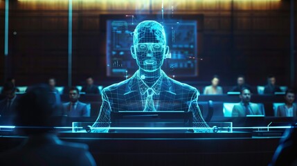 Ai politician gives speech, futuristic politics. A holographic AI politician delivers a speech to a captivated audience in this futuristic political scene.
