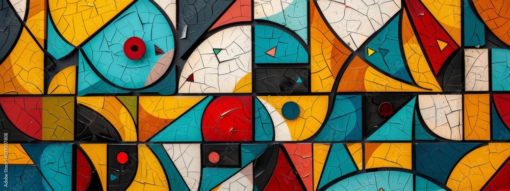 Poster cubist patterns with fragmented shapes and bold colors.