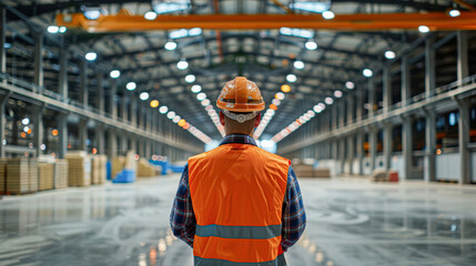 A man in an orange vest stands in a large, empty building