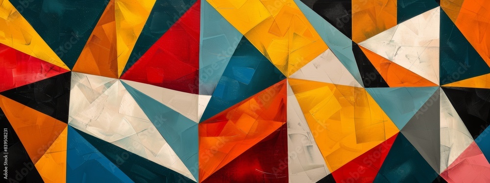 Poster cubist patterns with fragmented shapes and bold colors.