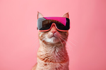 A cat wearing sunglasses and a pink frame