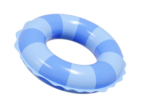 Inflatable ring icon for summer sea beach vacation or swimming pool relax - 3d render illustration. Blue pastel striped float rubber buoy. Aquapark or summertime seashore travel lifesaver equipment.
