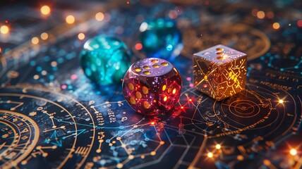 Fantasy Dice On A Mystical Map With Glowing Symbols