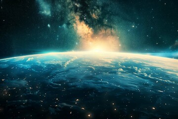 Fototapeta premium view of earth surface from space with background of galaxies and stars