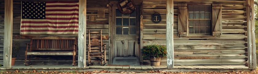 Obraz premium American flag displayed on a rustic wooden porch, vintage feel, Independence Day decoration