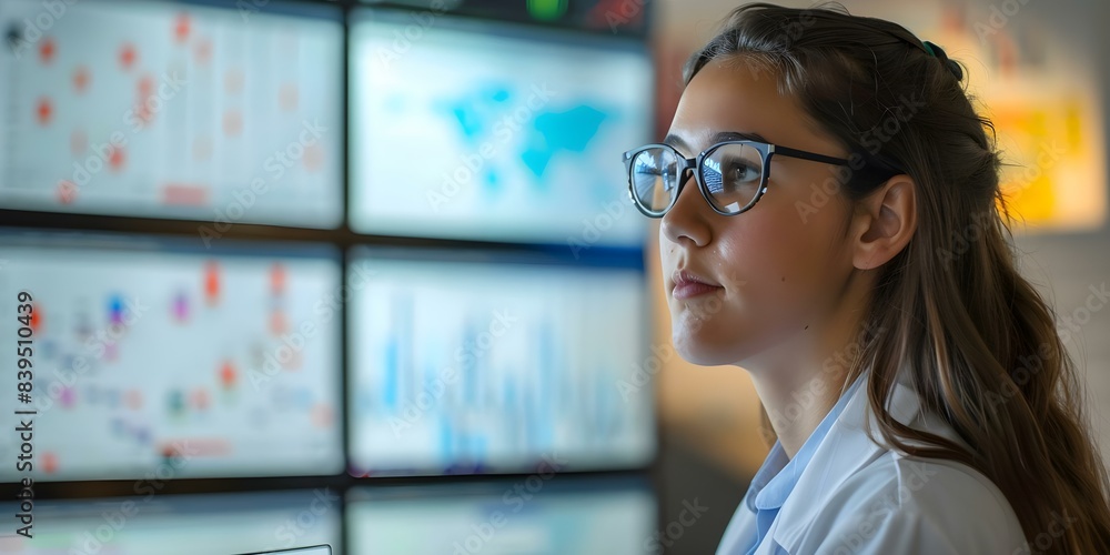 Poster a female data scientist reviewing risk management reports on a large screen. concept data analysis, 