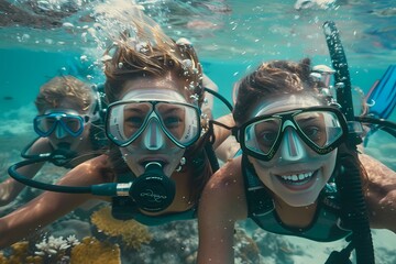 3 friends wearing scuba gear, taking a selfie underwater in the Caribbean sea, a coral reef visible behind them. Ai generated 