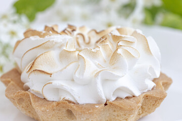 Delicious tartlet with meringue on a white floral background. Sweet treat in spring or summer , close up