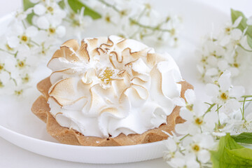 Delicious tartlet with meringue on a white plate, a branch of blooming cherry tree. Sweet treat in spring or summer, copy space