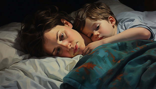 Little toddler boy with head lying with mom