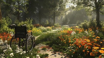 Fototapeta premium Empty wheelchair on a garden path with flowers