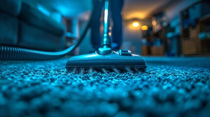 Elegant Housekeeper Vacuuming Carpet in Bright Hued Room - Double Exposure Silhouette with Copy Space