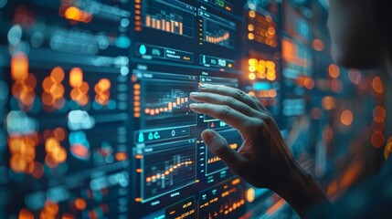 Fototapeta premium Close-up of hands analyzing financial graphs and charts with digital data overlay Business intelligence and analytics concept