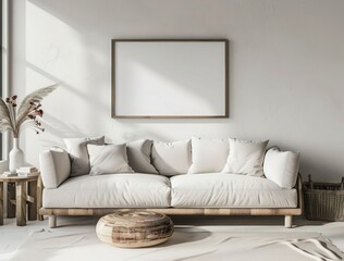 Wooden frame mockup, living room frame canvas mockup design. Interior home wall  frame canvas poster mockup 