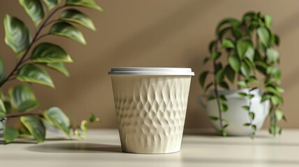 Coffee cup mockup on white table with plant