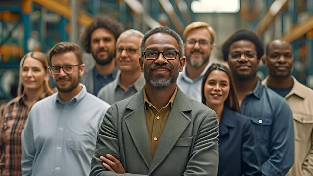 A group of cheerful and diverse coworkers are arranged in a row at the contemporary metalwork warehouse facility.