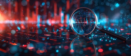 Digital magnifying glass examining stock market trends, futuristic financial analysis