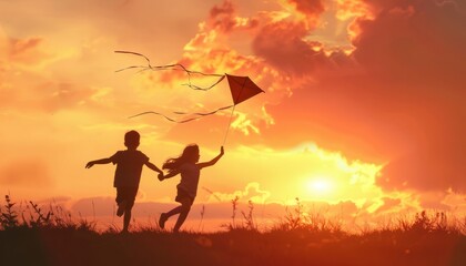 Sunset Silhouettes: Children Flying Kites in the Twilight Sky