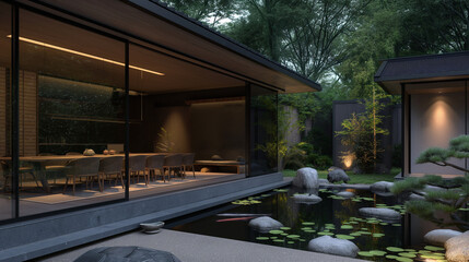 Fototapeta premium Modern dining area with a view of a Japanese garden