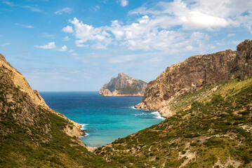 Cala Boquer beautiful little beach seen from Colls del Moro mountain, Cap de Formentor peninsula, Port de Pollensa, Majorca, Balearic Islands, Spain