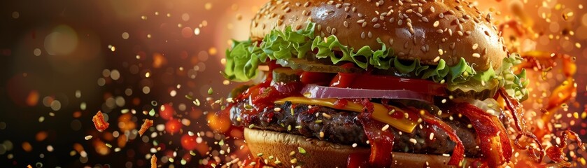 Close-up of a delicious hamburger with a beef patty, melted cheese, lettuce, tomato, and onions, surrounded by fiery sparks in the background.