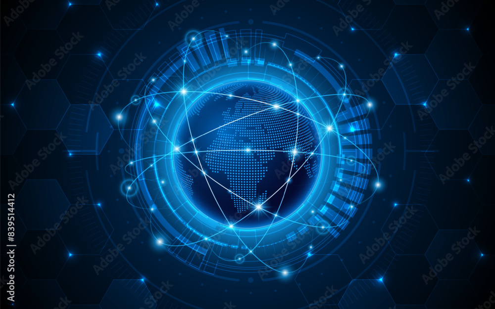Aufkleber Global connection network background. World map with technology circuit boards. Internet technology concept or global communication