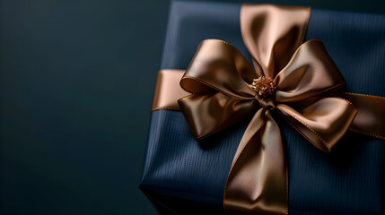 Dark blue gift box with elegant gold ribbon on dark background, perfect for Christmas present or birthday gift, with copy space for personalized message.