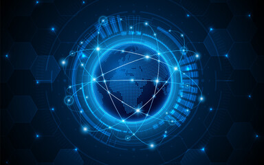 Global connection network background. World map with technology circuit boards. Internet technology concept or global communication