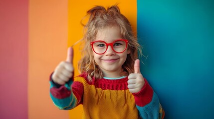 Happy child with glasses giving thumbs up in front of a colorful background. Cheerful and positive expression.