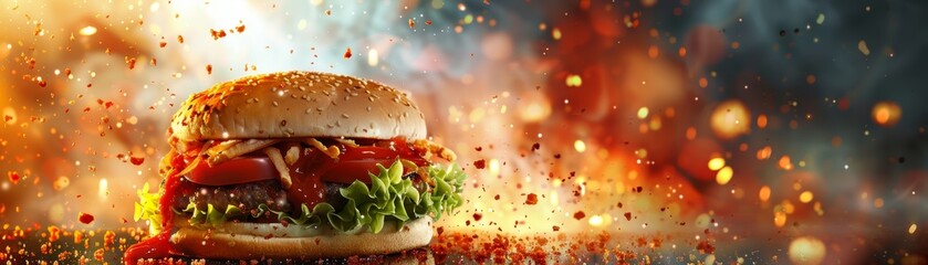 Delicious gourmet burger with fresh vegetables and a fiery background, showcasing culinary art in a...