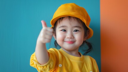 Happy child giving a thumbs up, wearing a yellow hat and shirt with a bright blue and orange background. Positive and cheerful expression.