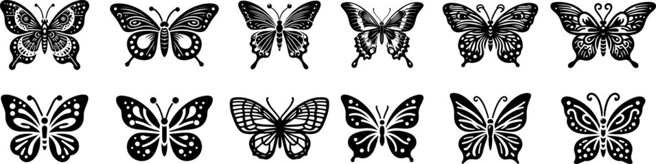 Set of vector butterfly icons . Butterfly silhouettes collection . Exotic flying butterflies logo .