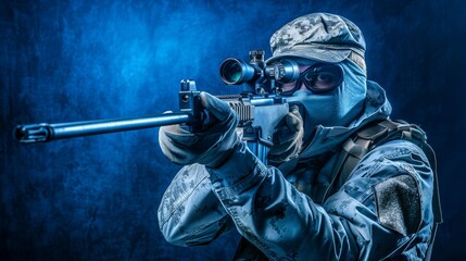 Night sniper tactical forces with zoom rifle in war conflict for video game banner