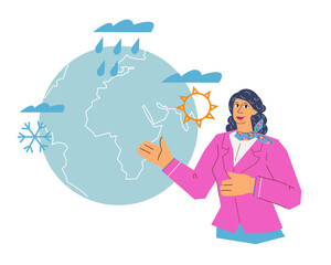 Weather forecasting, meteorology and climate prediction banner concept. Meteorologists study and analyze weather patterns to provide accurate forecasts, flat vector illustration isolated on white.