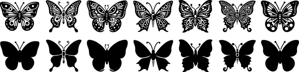 Set of vector butterfly icons . Butterfly silhouettes collection . Exotic flying butterflies logo .