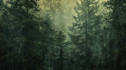 Dense Forest With Mist And Tall Pine Trees