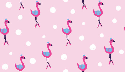 Abstract Pink flamingo pattern. Feathered background. exotic bird and shabby dots repeated backdrop for girl, fashion clothes, textile,wrapping paper. Girlish colorful wallpaper. 