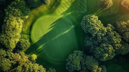 Close-Up Aerial View of a Golf Course Hole Surrounded by Trees