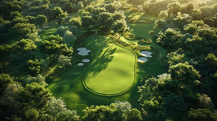 Aerial View of Golf Course Hole with Lush Green Fairways and Trees